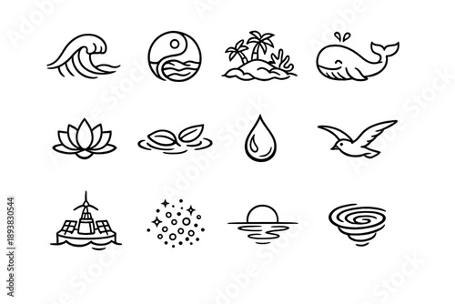 Eco fantasy sea. Line outline icon set of Eco fantasy sea: clean wave, harmony symbol water, coral island,