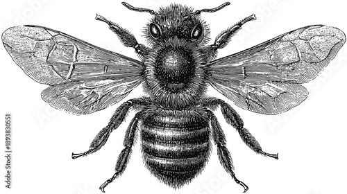 Vintage detailed illustration of a bee, black and white engraving of a honeybee insect from above, historical entomology art.