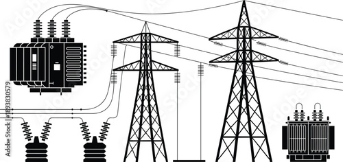 Power transmission system silhouette, transformers, towers, insulators, energy grid, electrical infrastructure, flat vector