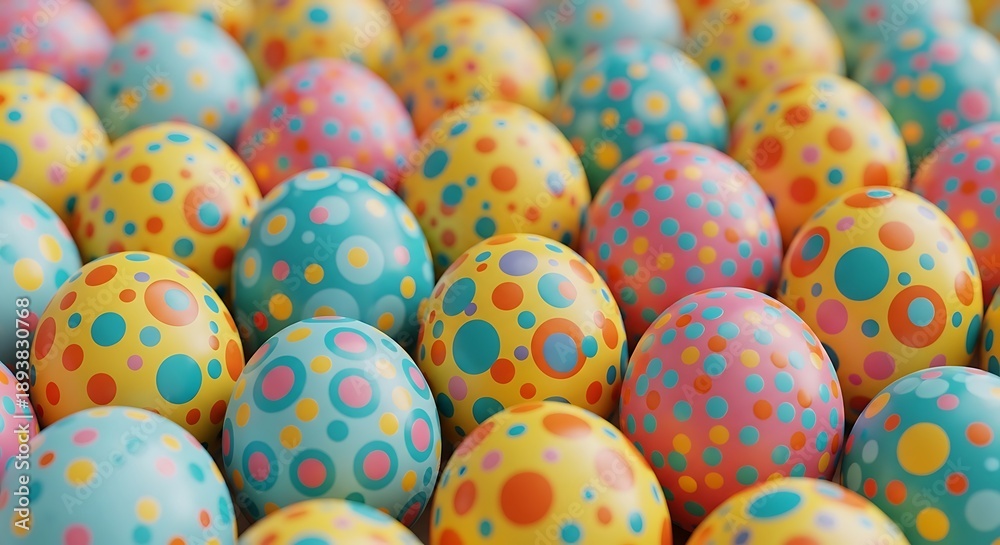 Obraz premium Colorful dotted Easter eggs arranged in rows close-up background