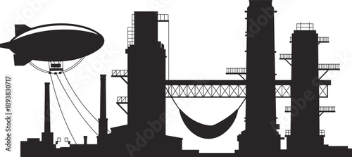 Industrial airship silhouette, towers, cables, construction site, infrastructure, transport system, flat vector