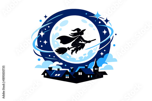 Witch flying over moon. An oversized moon lighting up the night sky as a witch glides above rooftops, abstract