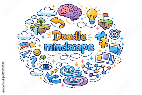 Doodle mindscape. Hand drawn illustration of Doodle mindscape. brain outline, floating islands, thought clouds