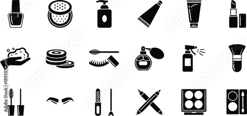 Collection of eighteen black and white icons representing essential personal care items and various cosmetic beauty products for daily routines.