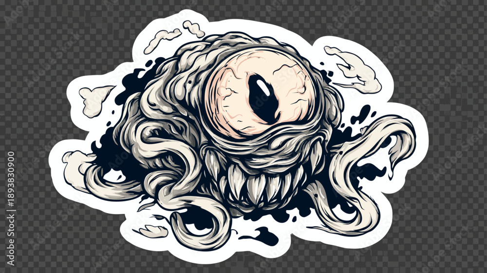 Obraz premium Creepy Monster Eyeball Sticker Illustration with Sharp Teeth and Tentacles, Horror Creature Graphic Design Element