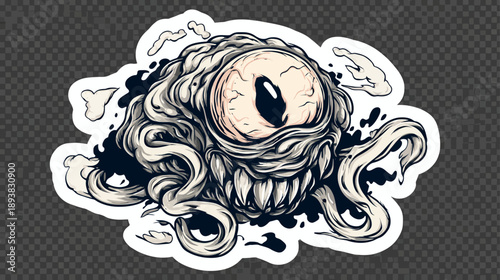 Creepy Monster Eyeball Sticker Illustration with Sharp Teeth and Tentacles, Horror Creature Graphic Design Element