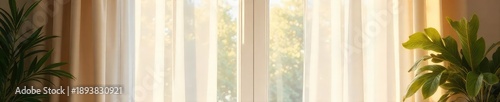 Elegant sheer window curtains gently billowing in a soft breeze, filtering sunlight into a bright, airy room Perfect for adding a touch of sophistication and privacy to any space , sun, interior