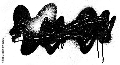 Abstract Black Spray Paint Splatter and Drips on White Background.
