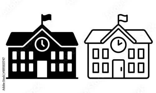 School building icon set solid outline education institution symbol