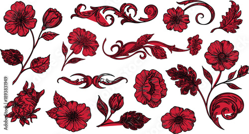 Seamless floral pattern with red poppies and roses on a decorative leafy background