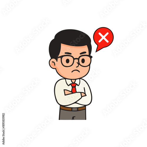 Male teacher disapproving cartoon illustration. Man with glasses and red tie crossing arms with red X icon in speech bubble.