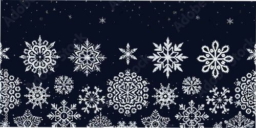 A seamless pattern of delicate white snowflakes on a dark navy background