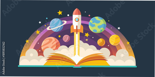 A rocket launching from an open book surrounded by planets and stars