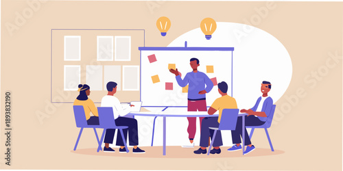 Team brainstorming ideas during a meeting with a whiteboard and post it notes