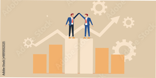 Business professionals celebrate success atop a graph with rising trends