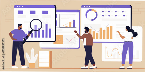 Team analyzing data visualization on multiple digital devices and a screen