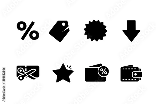Discount. Filled icon set of Discount: percent symbol, price tag cut, discount label, sale badge, markdown