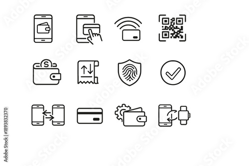 Digital Wallet Icon Set. Digital wallet icons. Line outline icon set of Digital wallet icons: mobile wallet,