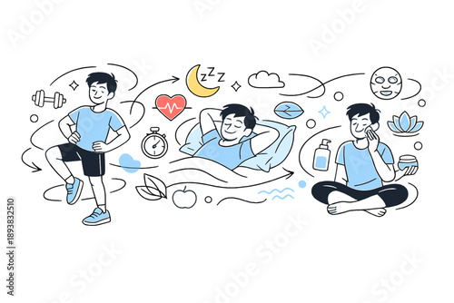 Healthy habits lifestyle. A relaxed character switching between light exercise, rest, and self-care, abstract