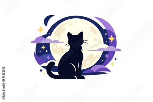 Midnight feline silhouette. A black cat framed by a large full moon, thin clouds drifting slowly across the