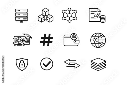 Crypto network infrastructure. Line outline icon set of Crypto network infrastructure: node server, blockchain