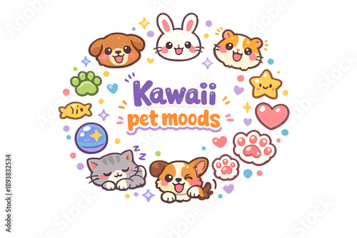 Kawaii pet moods. Hand drawn illustration of Kawaii pet moods. cute dog face, cute cat face, happy bunny,