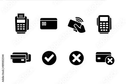 Card and terminal payments. Filled icon set of Card and terminal payments: pos terminal, chip card, magnetic