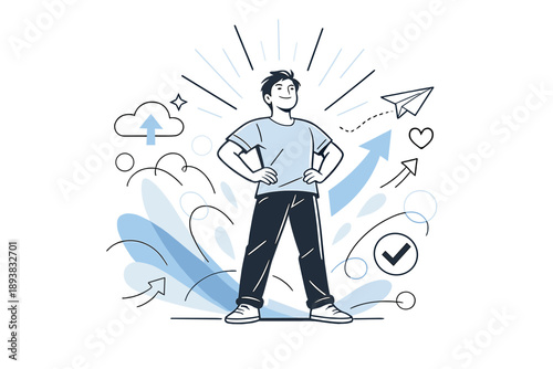 Happiness and confidence concept. A confident person standing tall with an open posture, abstract rays and