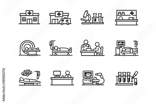 Medical facility icons. Line outline icon set of Medical facility icons: clinic building, emergency room,