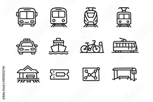 Public transport icons. Line outline icon set of Public transport icons: bus, subway, train, tram, taxi, ferry