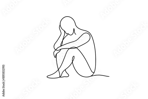 Quiet Reflection. Minimalistic one-line drawing solitary figure seated in a reflective pose suggesting inner