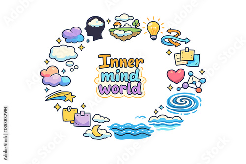 Inner mind world. Hand drawn illustration of Inner mind world. head silhouette, floating thoughts, winding