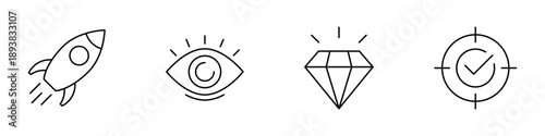 Mission, Vision, Values and Goals Icon Set. Rocket launch, Target, Diamond, Light bulb, icon symbol. company purpose flat icons. business creative concept with 3 steps. web page template