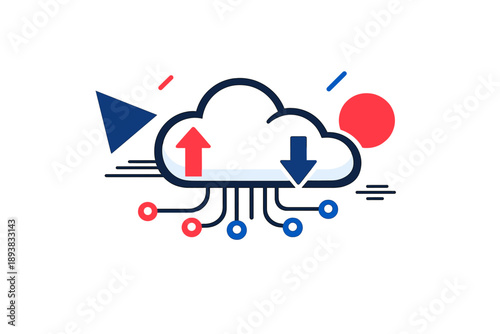 Cloud computing. Minimal cloud icon with connected nodes and arrows, data flowing smoothly in and out. Clean,