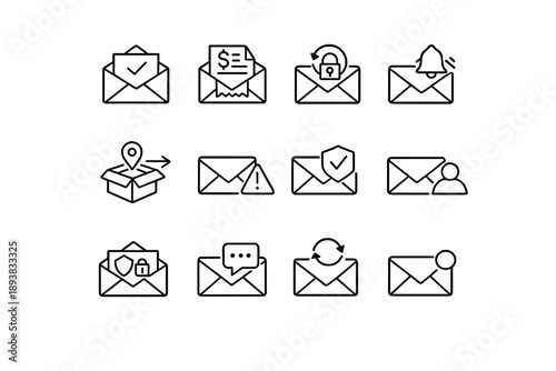 Transactional Emails. Line outline icon set of Transactional Emails: order confirmation, payment receipt,