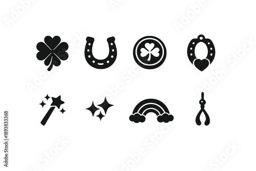 St. Patrick’s Day luck and magic. Filled icon set of St. Patrick’s Day luck and magic: four leaf clover,