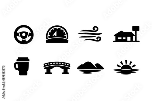 Freedom Summer Icons. Freedom summer drive. Filled icon set of Freedom summer drive: steering wheel, dashboard