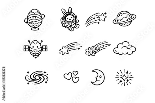 Whimsical Easter universe. Line outline icon set of Whimsical Easter universe: patterned egg globe, bunny