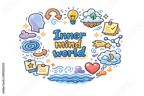 Inner mind world. Hand drawn illustration of Inner mind world. head silhouette, floating thoughts, winding