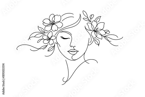 Floral Muse. Minimalistic one-line drawing elegant woman face surrounded by blossoms and botanical curves,