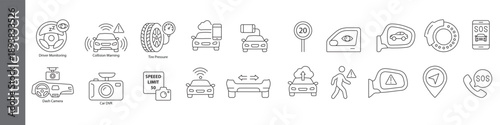 Advanced driver assistance and car safety icon set – editable outline symbols of collision warning, dash camera, tire pressure, ABS, SOS, and speed limit