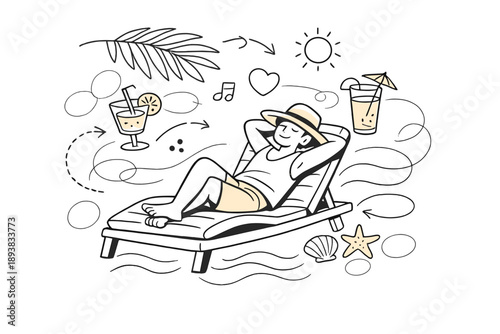 Resort Chill Time. A relaxed figure on a lounge chair, palm leaves and drinks hovering softly nearby. Slow