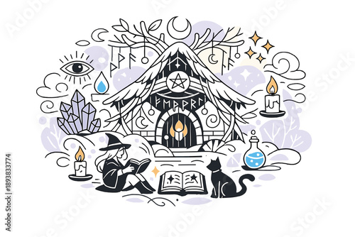 Dark fantasy concept: witch refuge deep in forest. A secluded cottage protected by runes and branches, candles