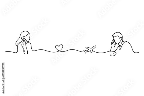 Distance, Closeness, Connection. Connected across distance. Minimalistic one-line drawing long distance