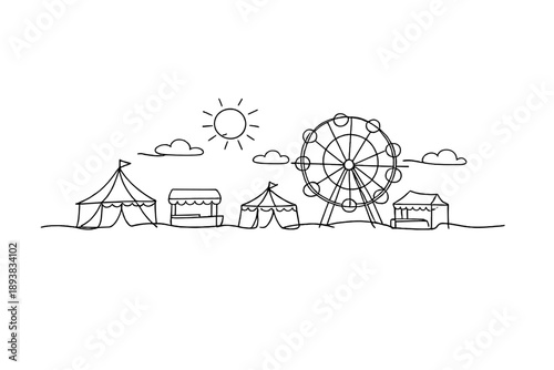 "Summer festival illustration". Minimalistic one-line drawing festival tents, food stalls and Ferris wheel