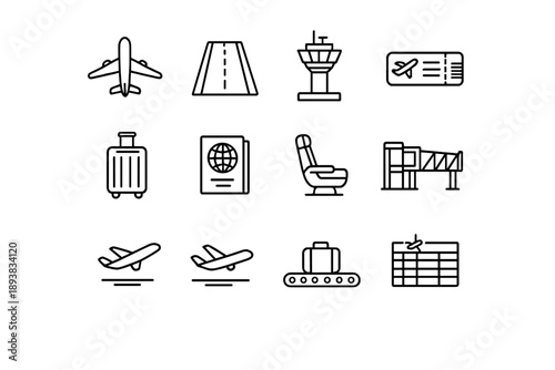 Flight and airport symbols. Line outline icon set of Flight and airport symbols: airplane, runway, control