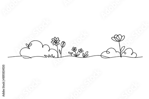 Garden Harmony. Minimalistic one-line drawing balanced garden scene with flowers, bushes, and subtle ground