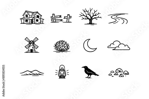 Ghost Town Icons. Ghost town at dusk. Line outline icon set of Ghost town at dusk: abandoned house, broken