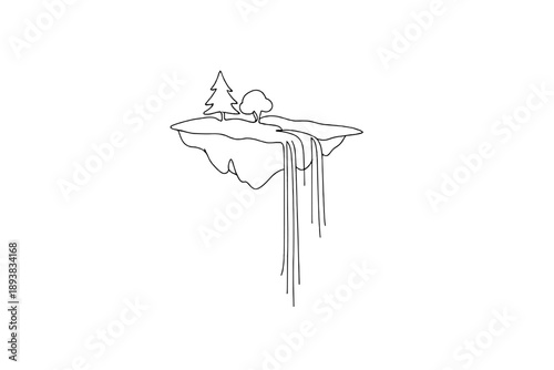 "Sky islands waterfall scene". Minimalistic one-line drawing single floating island with trees and cascading