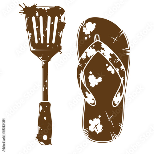 Brown grunge flip flop and grill spatula icons on white background for summer vacation and barbecue concepts  beach and cooking symbols